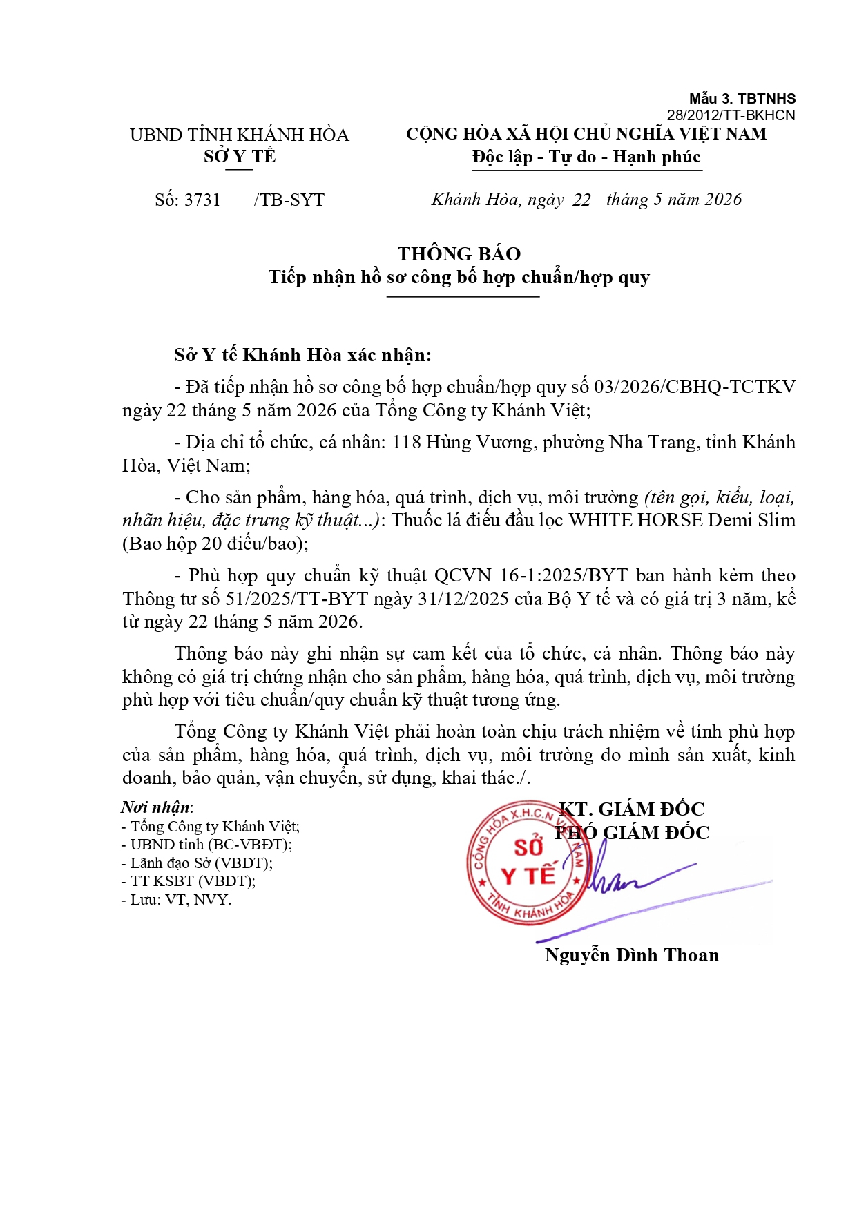 THÔNG BÁO Tiếp nhận hồ sơ công bố hợp chuẩn/hợp quy